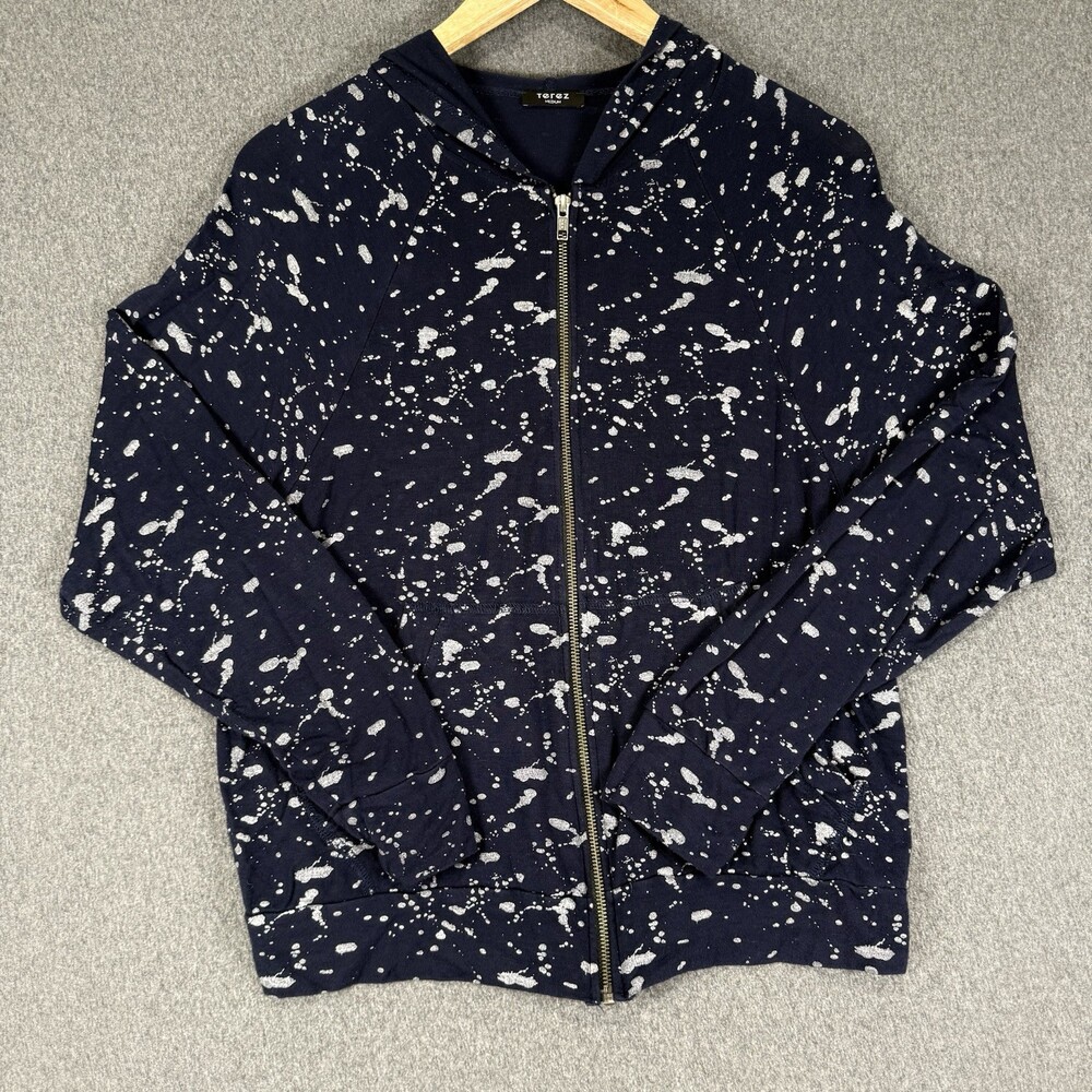 Terez Hoodie Womens Medium Navy Silver Metallic Splatter Full Zip Sweatshirt